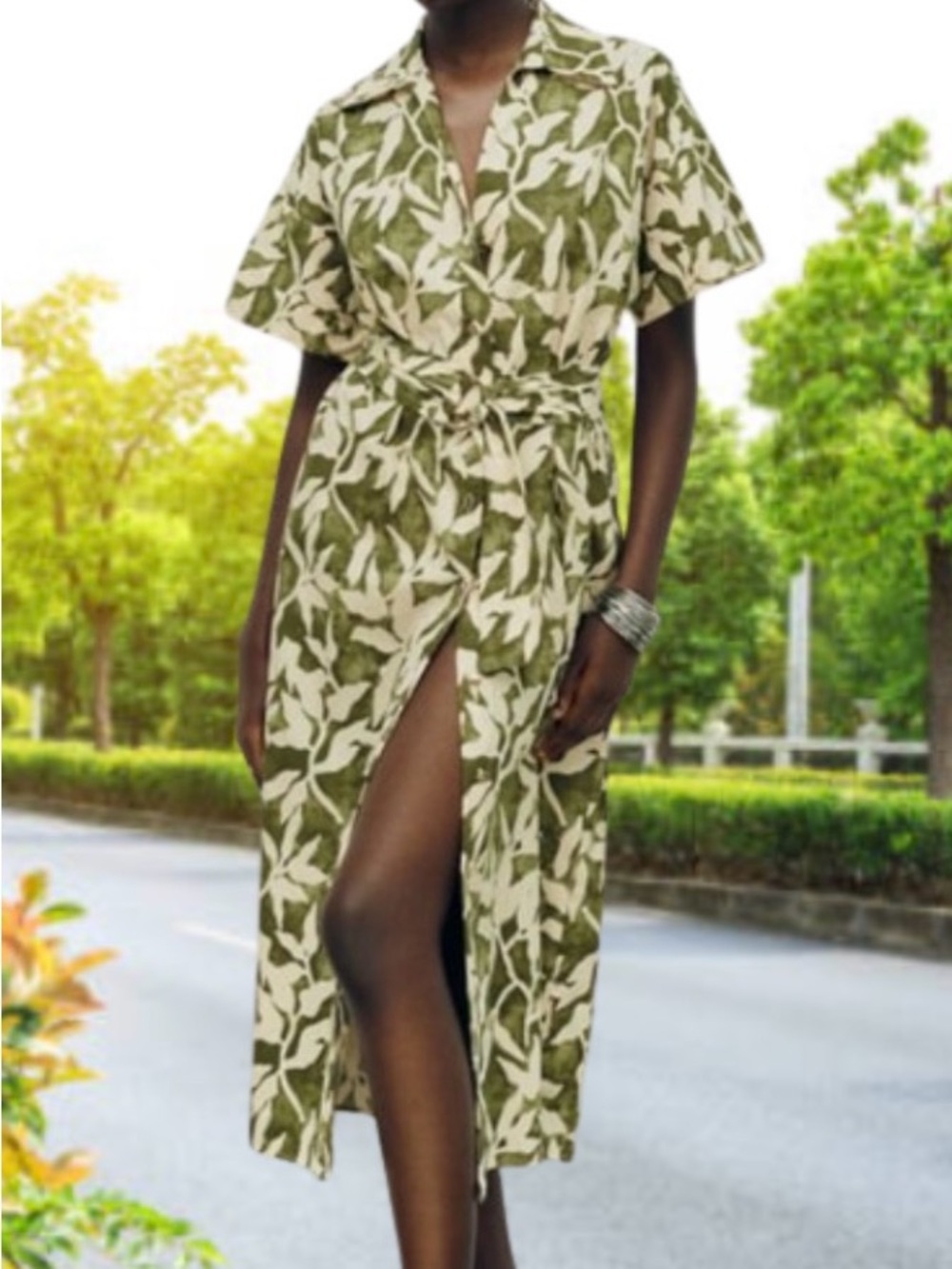 Leaf-Print Tie-Waist Shirt Dress in Olive & Cream